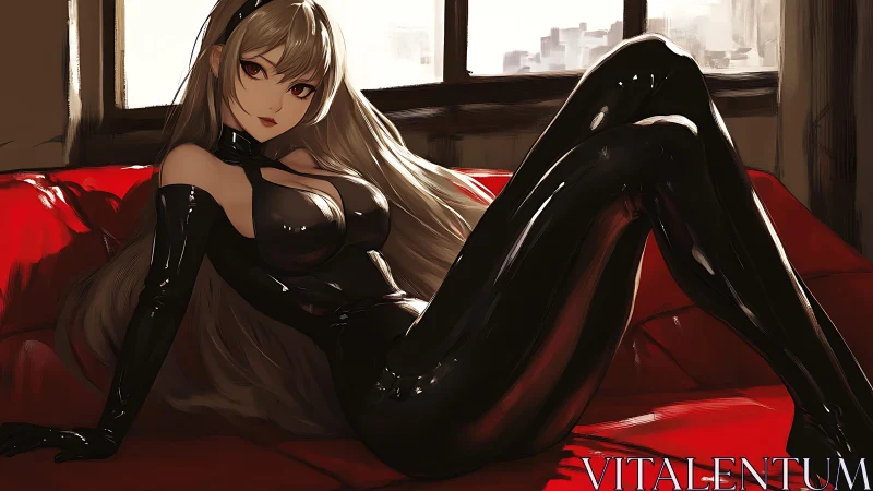 Anime femme fatale reclines in glossy black catsuit on sofa