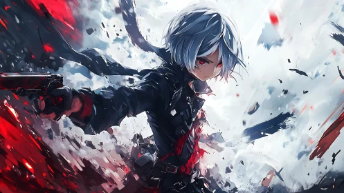 Dynamic anime gunfighter framed by radial blood and debris field