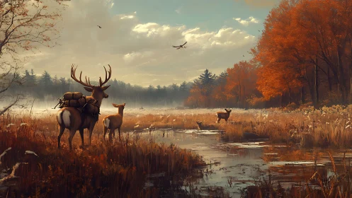 Deer stand by reflective marsh in detailed autumn landscape