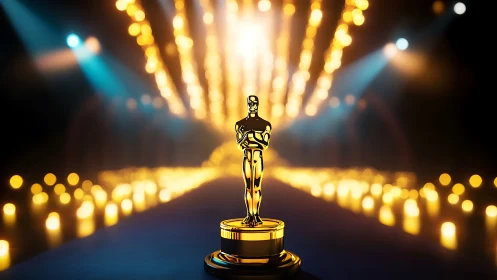 Golden film award statue glows under dramatic stage lights