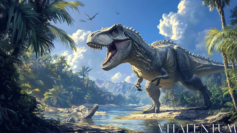 Roaring T-Rex stalks a lush Jurassic riverside under bright skies