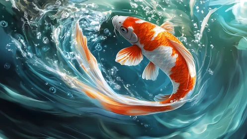 High-detail koi carp in dynamic turquoise water vortex