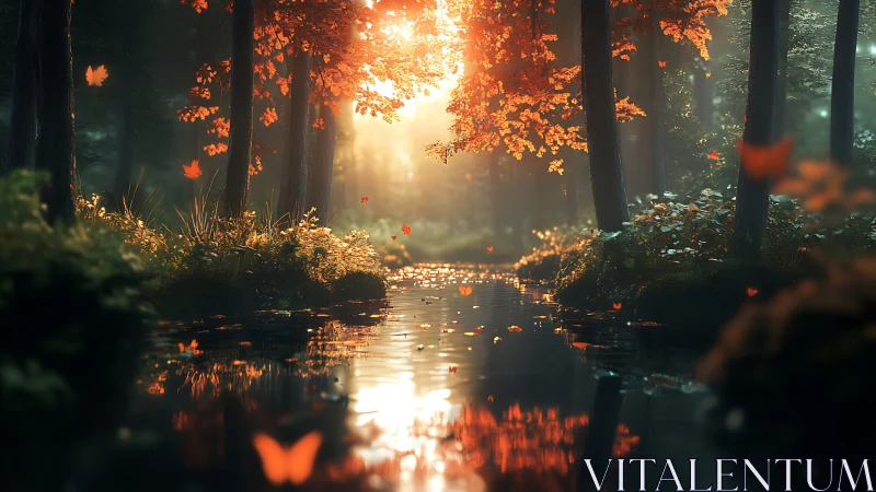Enchanted Autumn Forest With Sunlight and Reflective Stream.