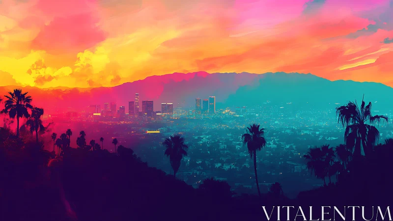 Dreamy neon sunset over a glowing palm-lined cityscape.