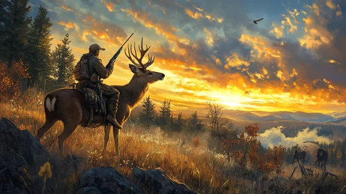 Sunrise rider and stag pause in a glowing mountain meadow.