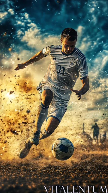 Soccer player in white kit advancing with ball on dirt field.