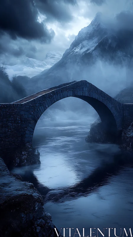 Stone arch bridge spans cold river under stormy mountains