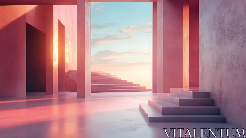 Serene Sunset Gateway: Modern Architecture Bathed in Golden Light