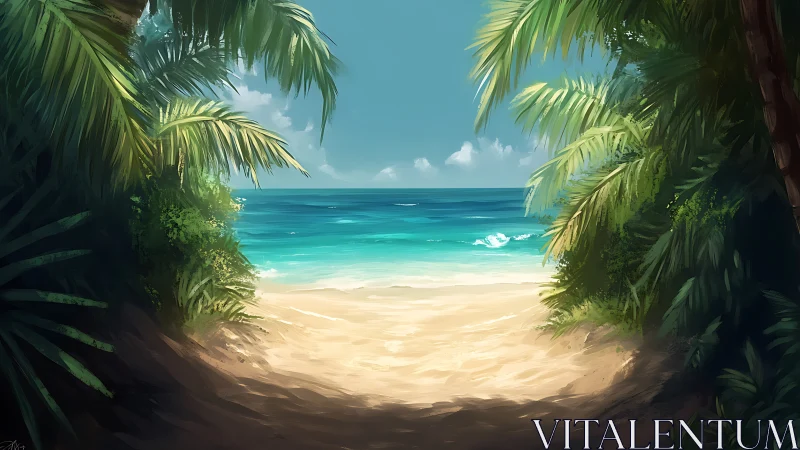 Tropical Paradise Beach Through Palm Trees.