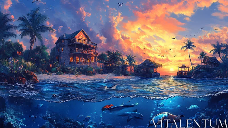 Bifurcated tropical seascape uniting lit villas and marine wildlife