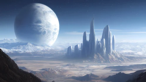 Futuristic ice citadel rises beneath a looming alien moon
