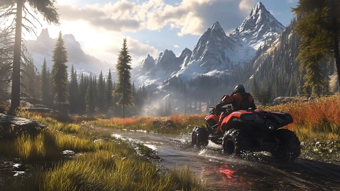 ATV rider powers through alpine stream under sharp peaks