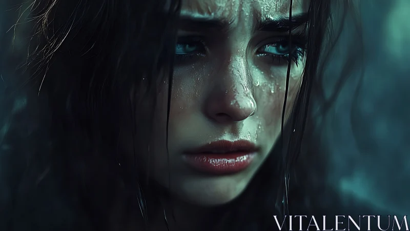 Rain-soaked young woman in close emotional portrait.
