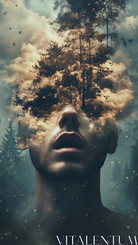 Surreal male portrait merges forest canopy and storm clouds.
