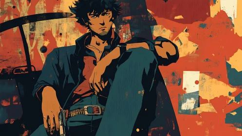 Stoic gunman in teal trench coat amid distressed orange field.