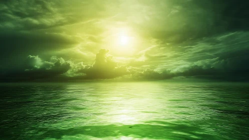 Emerald ocean horizon under glowing surreal green sun.