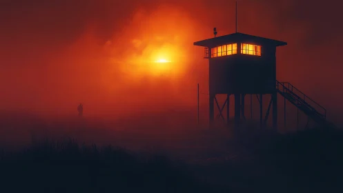 Fog-saturated watchtower silhouette under radiant orange sun.