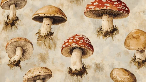 Mushroom illustrations repeat across textured beige background