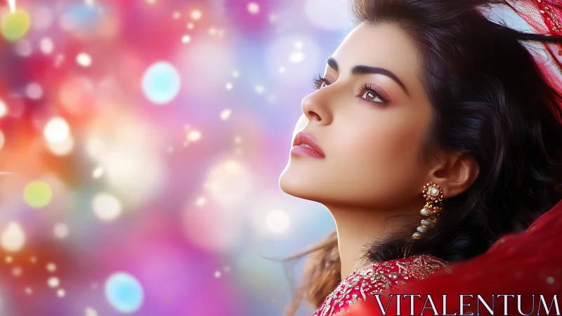 Profile portrait of woman against colorful blurred lights.