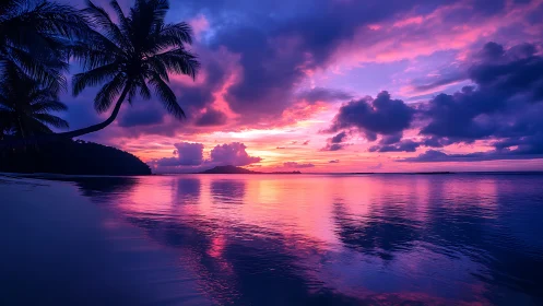 High-saturation tropical shoreline sunset with reflective gradient water