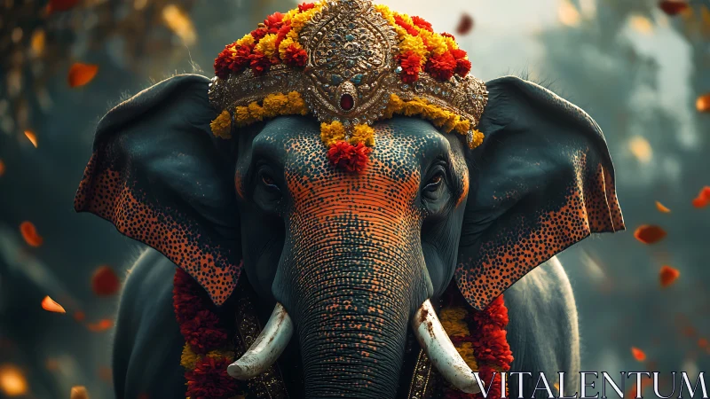 Decorated elephant with ornate headpiece stands in soft focus