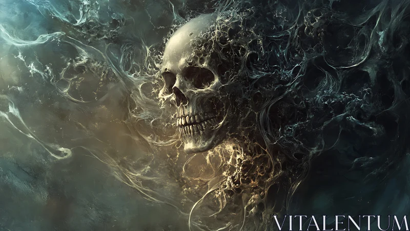 Turbulent necrotic skull emerging from vortical spectral fluid.