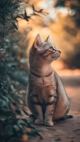 Tabby Cat Gazing Upward Against Golden Light