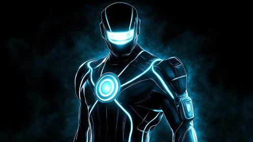Neon cyber warrior stands in glowing exosuit silhouette.