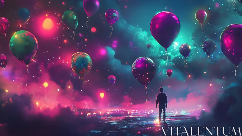 Solitary figure surveys neon balloon sky in luminous dreamscape