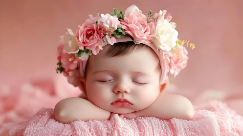 Infant portrait with floral crown arrangement.