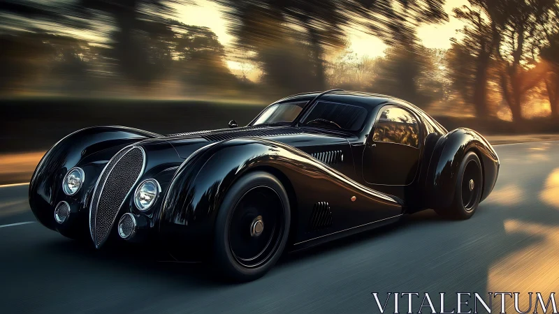 Sleek vintage dream car gliding through golden sunset roads.