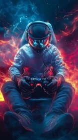 Cosmic gamer drifter between cool neon fire and ice glow.