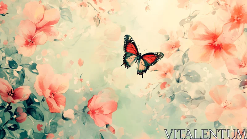 Butterfly hovers over pastel coral blossoms in soft light
