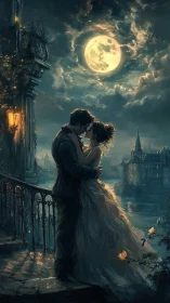 Moonlit lovers embrace on balcony above misty river city.