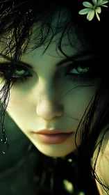 Glimmering-eyed forest nymph in close cinematic portrait.