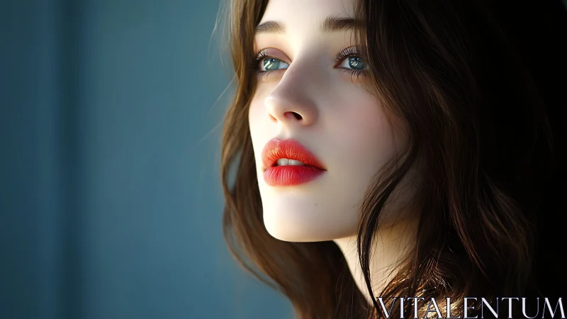 Sunlit reverie on porcelain skin and flame red lips.