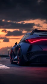 Futuristic sports car waits poised on a dusk-lit racetrack