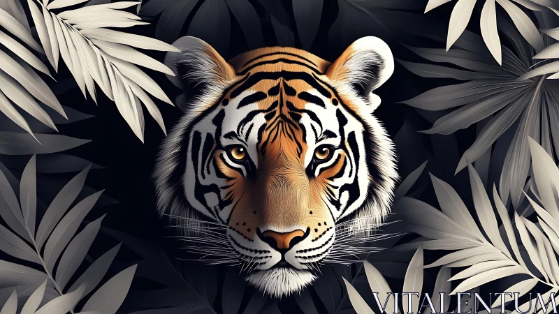 Tiger face emerging from dark jungle leaves at night.