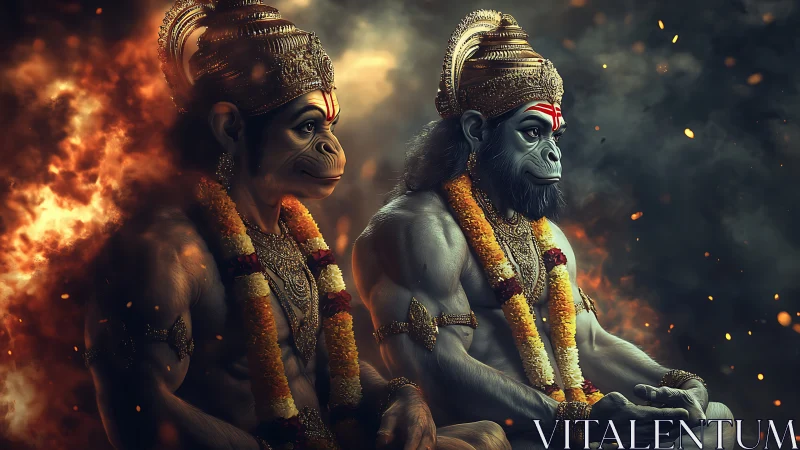 Mythic ape warriors seated in firelit ceremonial scene.