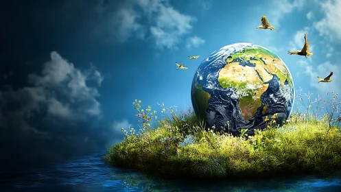 Planet Earth rests on floral island beneath soaring birds.