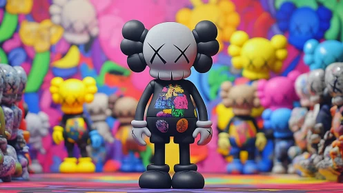 Toy parade in neon chaos, skull-headed misfit at center stage.