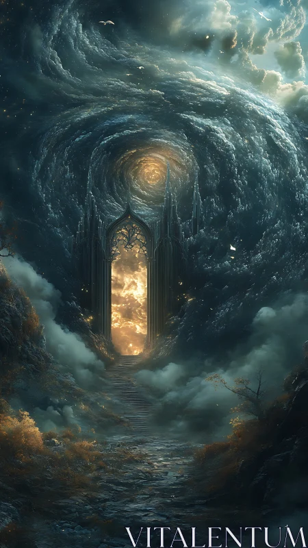 Gothic portal opens into swirling celestial vortex sky