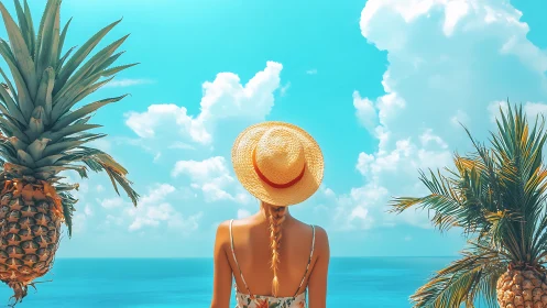 Sunlit woman facing tropical ocean between palm trees.