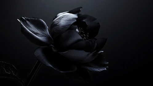 Black flower with white petal highlights photographed against dark background