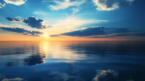 Sunset light stretches across calm reflective ocean horizon