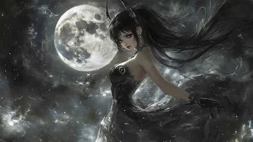 Moonlit dark sorceress in flowing gothic dress at night.