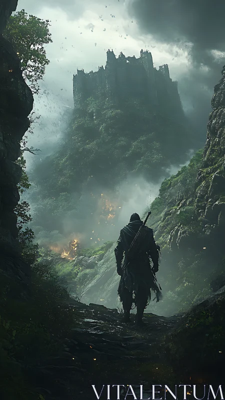 Lone cloaked warrior advances toward storm-lashed ruined citadel.