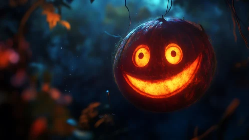 Glowing carved pumpkin lantern with exaggerated smile in misty night forest