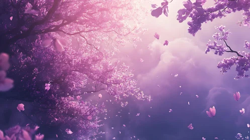 Ethereal Purple Flowering Trees with Falling Petals and Sky.