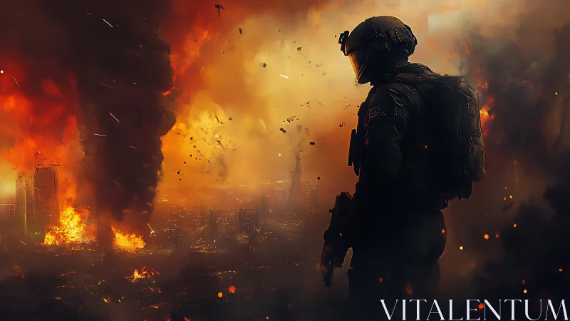 Armored soldier surveys burning city in apocalyptic dusk